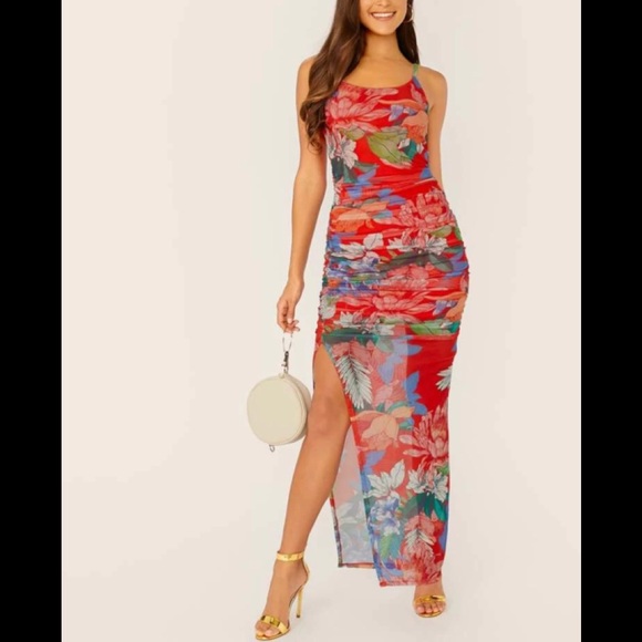 Floral Print Slit Hem Dress - Picture 3 of 5
